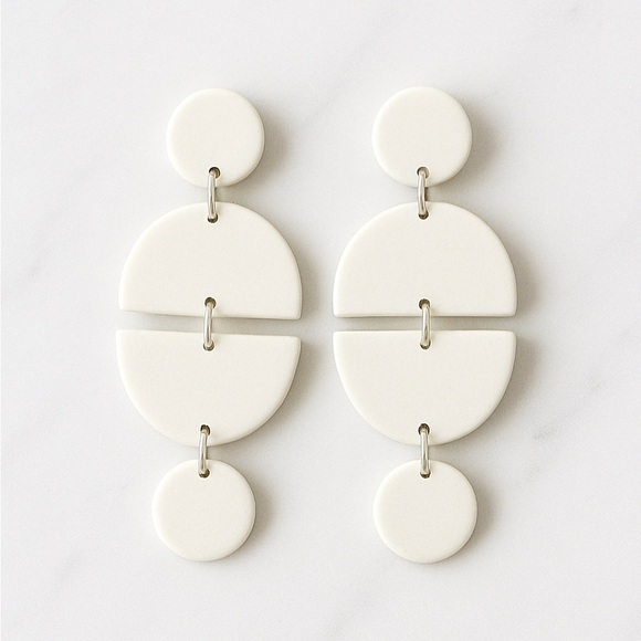White Geometric Drop Four-Tier Stud - Handmade Boho Earrings - Picture 2 of 5